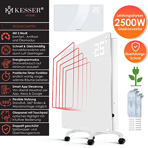 KESSER® Glaskonvektor Glasheizung Elektroheizkörper APP WiFi Funktion Inkl. Fernbedienung Elektroheizung Stand- oder Wand Heizung Heizkörper | Touchscreen | LCD-Display | Timer | 2500 Watt | Weiß – Bild 2
