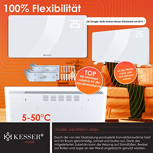 KESSER® Glaskonvektor Glasheizung Elektroheizkörper APP WiFi Funktion Inkl. Fernbedienung Elektroheizung Stand- oder Wand Heizung Heizkörper | Touchscreen | LCD-Display | Timer | 2500 Watt | Weiß – Bild 3