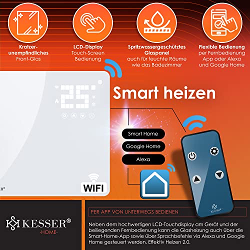 KESSER® Glaskonvektor Glasheizung Elektroheizkörper APP WiFi Funktion Inkl. Fernbedienung Elektroheizung Stand- oder Wand Heizung Heizkörper | Touchscreen | LCD-Display | Timer | 2500 Watt | Weiß – Bild 4