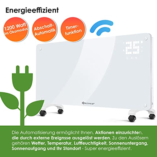 KESSER® Glaskonvektor Glasheizung Elektroheizkörper APP WiFi Funktion Inkl. Fernbedienung Elektroheizung Stand- oder Wand Heizung Heizkörper | Touchscreen | LCD-Display | Timer | 2500 Watt | Weiß – Bild 7