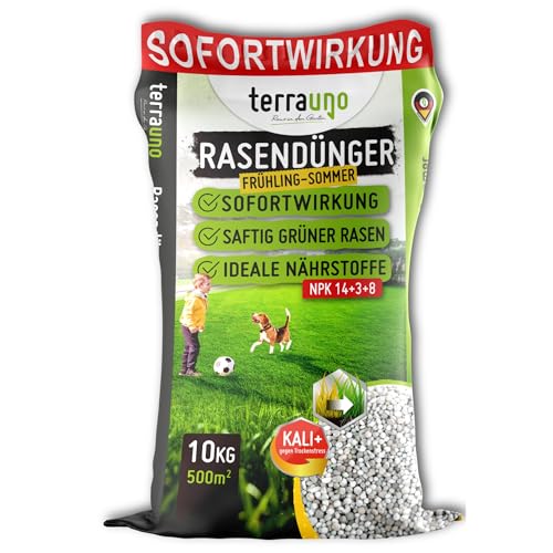 TerraUno Rasendünger Frühjahr/Sommer I Sofortwirkung für saftiges grün I 10 kg für 500 m² I gesunder Rasen verdrängt Moos und Unkraut I NPK Dünger Rasen I Gegen Trockenstress I Für den Streuwagen