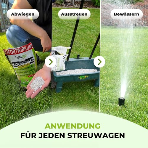 TerraUno Rasendünger Frühjahr/Sommer I Sofortwirkung für saftiges grün I 10 kg für 500 m² I gesunder Rasen verdrängt Moos und Unkraut I NPK Dünger Rasen I Gegen Trockenstress I Für den Streuwagen – Bild 3