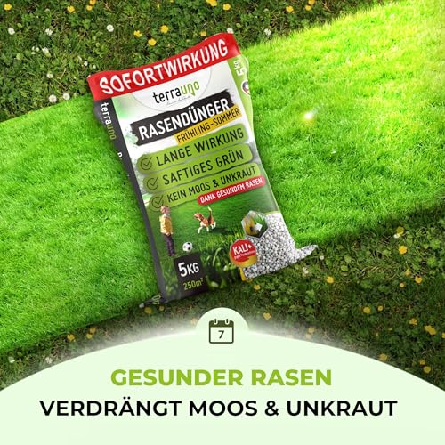 TerraUno Rasendünger Frühjahr/Sommer I Sofortwirkung für saftiges grün I 10 kg für 500 m² I gesunder Rasen verdrängt Moos und Unkraut I NPK Dünger Rasen I Gegen Trockenstress I Für den Streuwagen – Bild 5