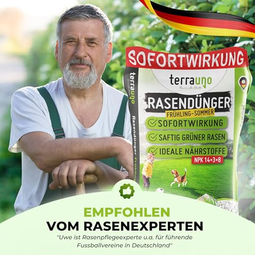 TerraUno Rasendünger Frühjahr/Sommer I Sofortwirkung für saftiges grün I 10 kg für 500 m² I gesunder Rasen verdrängt Moos und Unkraut I NPK Dünger Rasen I Gegen Trockenstress I Für den Streuwagen – Bild 6