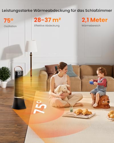 Heizlüfter Energiesparend, 2000W Klein Heizung Elektrisch mit Fernbedienung, Thermostat, 12h Timer, 3 Modus, Heater Überhitzungs Und Kippschutz, 75° Oszillation, PTC Keramik Elektroheizung – Bild 6