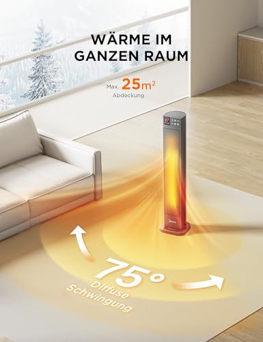 Midea NTH20-22GR(GR) Elektroheizung Keramik 2000W mit Thermostat & Fernbedienung, 76 cm, 3 Modi 24h-Timer, Überhitzungs- & Kippschutz, Sofortwärme für Büro Schlafzimmer – Bild 4