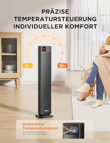 Midea NTH20-22GR(GR) Elektroheizung Keramik 2000W mit Thermostat & Fernbedienung, 76 cm, 3 Modi 24h-Timer, Überhitzungs- & Kippschutz, Sofortwärme für Büro Schlafzimmer – Bild 7