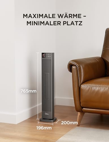 Midea NTH20-22GR(GR) Elektroheizung Keramik 2000W mit Thermostat & Fernbedienung, 76 cm, 3 Modi 24h-Timer, Überhitzungs- & Kippschutz, Sofortwärme für Büro Schlafzimmer – Bild 9