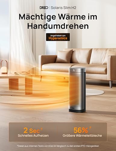 DREO Heizlüfter Energiesparend Leise, 2000W Keramik Heizung mit Thermostat, 12-Std-Timer, 3 Modi, 70° Oszillation, 16 Zoll Elektroheizung für Räume, Überhitzungs-Kippschutz, Solaris Slim H2, Silver – Bild 2
