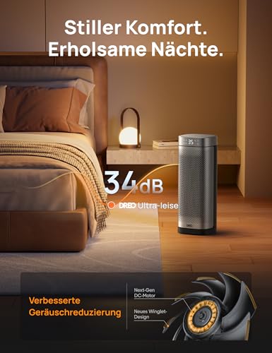 DREO Heizlüfter Energiesparend Leise, 2000W Keramik Heizung mit Thermostat, 12-Std-Timer, 3 Modi, 70° Oszillation, 16 Zoll Elektroheizung für Räume, Überhitzungs-Kippschutz, Solaris Slim H2, Silver – Bild 6