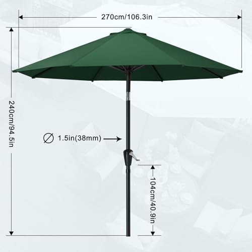 MasterCanopy 270 cm Sonnenschirm neigungsverstellbar, mit 8 Rippen und Kurbel, für Patio, Garten, Terrasse, Markt, Dunkelgrün – Bild 3
