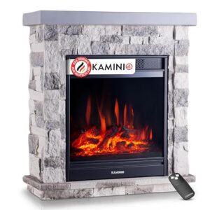 KAMINIO Elektrokamin Juan - Elektrischer Standkamin in Steinoptik mit Heizung, 3D-Flammeneffekt, Fernbedienung (Grau)
