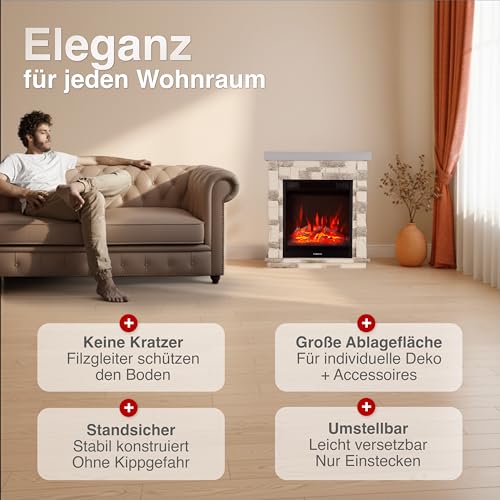KAMINIO Elektrokamin Juan - Elektrischer Standkamin in Steinoptik mit Heizung, 3D-Flammeneffekt, Fernbedienung (Grau) – Bild 2