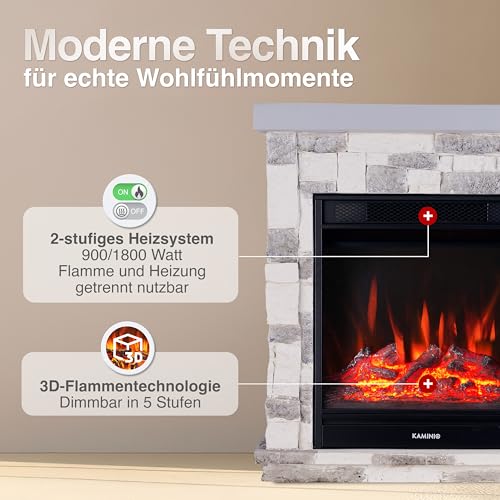 KAMINIO Elektrokamin Juan - Elektrischer Standkamin in Steinoptik mit Heizung, 3D-Flammeneffekt, Fernbedienung (Grau) – Bild 3