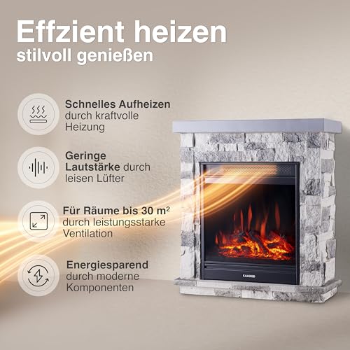 KAMINIO Elektrokamin Juan - Elektrischer Standkamin in Steinoptik mit Heizung, 3D-Flammeneffekt, Fernbedienung (Grau) – Bild 4