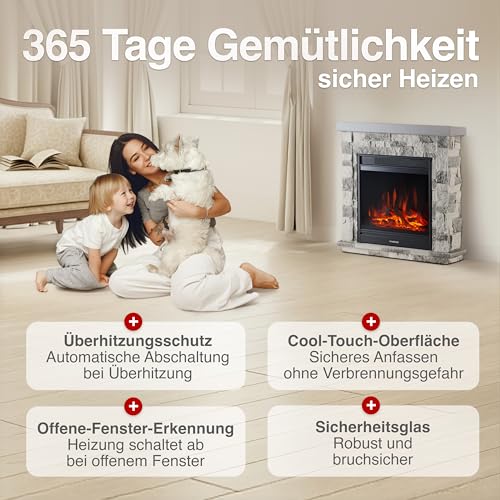 KAMINIO Elektrokamin Juan - Elektrischer Standkamin in Steinoptik mit Heizung, 3D-Flammeneffekt, Fernbedienung (Grau) – Bild 5
