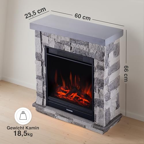 KAMINIO Elektrokamin Juan - Elektrischer Standkamin in Steinoptik mit Heizung, 3D-Flammeneffekt, Fernbedienung (Grau) – Bild 6