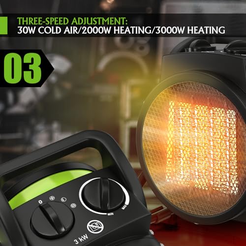 GARDTECH 3000W Heizgeräte mit Kaltluftfunktion, Elektro Heizlüfter mit Thermostat, Kippschutz, Überhitzungsschutz, Keramik Heizlüfter für Schlafzimmer, Garage, Werkstatt, Gewächshaus – Bild 6