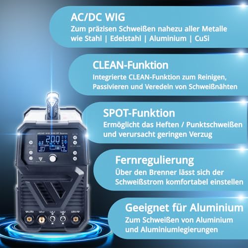 STAHLWERK Schweißgerät 2 in 1 Kombi AC/DC WIG 200 ST Digital - Vollausstattung - WIG & MMA 200 A, HF-Zündung, Spot-Funktion, Clean-Modus, IGBT, Digital-Display & Remote-Anschluss – Bild 7