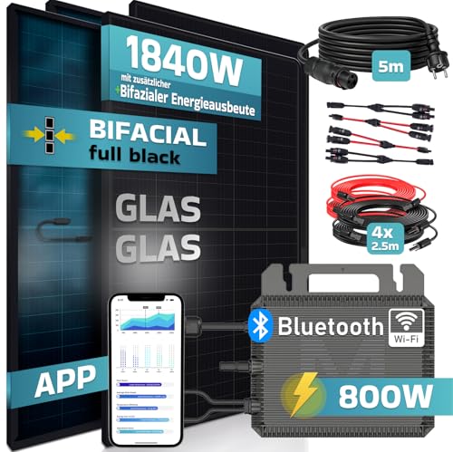 SUNNIVA 1840W Balkonkraftwerk BIFAZIAL FULLBLACK komplett Steckdose MARSTEK 800Watt Wechselrichter, PV Solaranlage Komplettset, 4x460W N-Type Glas-Glas Bifacial Solarmodule, 5m Kabel, 4x1m Solarkabel – Bild 2