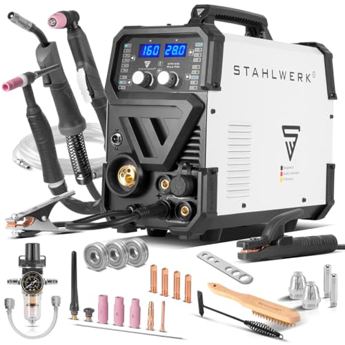 STAHLWERK Schweißgerät 6 in 1 Kombi CTM-416 Puls Pro - CUT, WIG, MIG/MAG, PULS, ARC/MMA/E-Hand, FLUX, mit 160 A, 40 A Plasmaschneider, HF-Zündung, Puls-Funktion für Alu, Drahtvorschub, LED-Licht