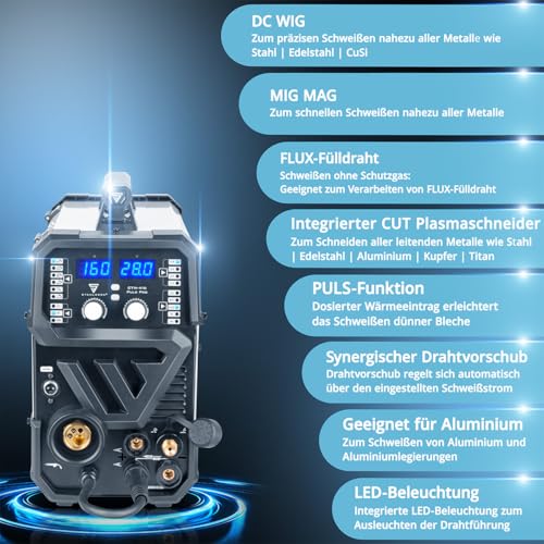 STAHLWERK Schweißgerät 6 in 1 Kombi CTM-416 Puls Pro - CUT, WIG, MIG/MAG, PULS, ARC/MMA/E-Hand, FLUX, mit 160 A, 40 A Plasmaschneider, HF-Zündung, Puls-Funktion für Alu, Drahtvorschub, LED-Licht – Bild 3