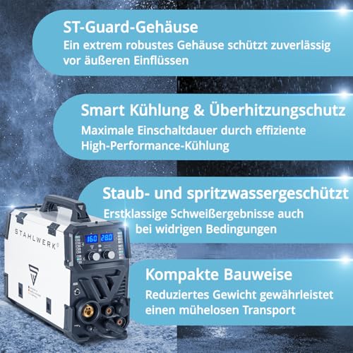 STAHLWERK Schweißgerät 6 in 1 Kombi CTM-416 Puls Pro - CUT, WIG, MIG/MAG, PULS, ARC/MMA/E-Hand, FLUX, mit 160 A, 40 A Plasmaschneider, HF-Zündung, Puls-Funktion für Alu, Drahtvorschub, LED-Licht – Bild 4