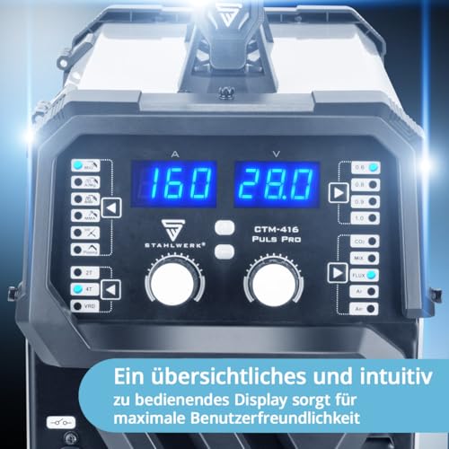 STAHLWERK Schweißgerät 6 in 1 Kombi CTM-416 Puls Pro - CUT, WIG, MIG/MAG, PULS, ARC/MMA/E-Hand, FLUX, mit 160 A, 40 A Plasmaschneider, HF-Zündung, Puls-Funktion für Alu, Drahtvorschub, LED-Licht – Bild 6