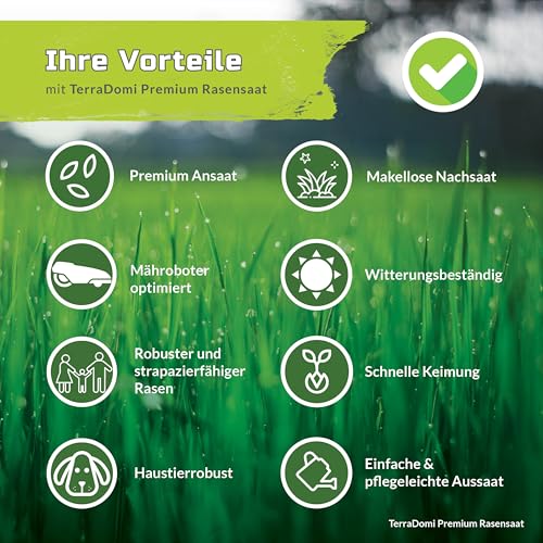 TerraDomi Premium Rasensamen für An-& Nachsaat I Schnellkeimend, robust und für einen dichten grünen Rasen I Mähroboter optimiert I 10kg für 500m² – Bild 4