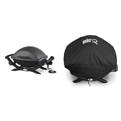 Weber Q2400 Elektrogrill, 55 x 39 cm, Dunkelgrau (55020079) & 7118 Abdeckhaube für Q200/Q220/Q240 Serie, schwarz