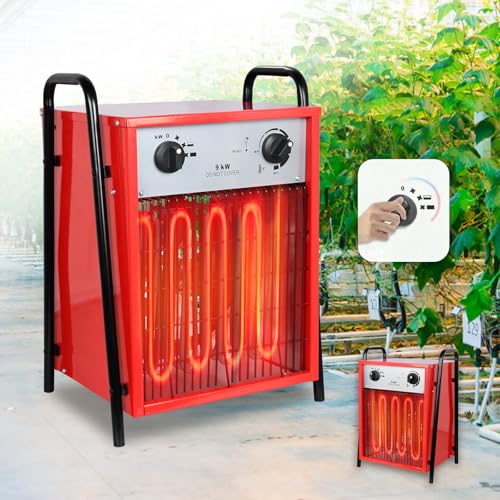 Heizlüfter Elektroheizung 9kW mit 3 Heizstufen,Bauheizer mit Thermostat Überlastschutz,Elektro Heizlufter mit Temperaturregelung Metallgehäuse,Industrie Heizgebläse für Innen und Außeneinsatz