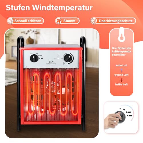 Heizlüfter Elektroheizung 9kW mit 3 Heizstufen,Bauheizer mit Thermostat Überlastschutz,Elektro Heizlufter mit Temperaturregelung Metallgehäuse,Industrie Heizgebläse für Innen und Außeneinsatz – Bild 2