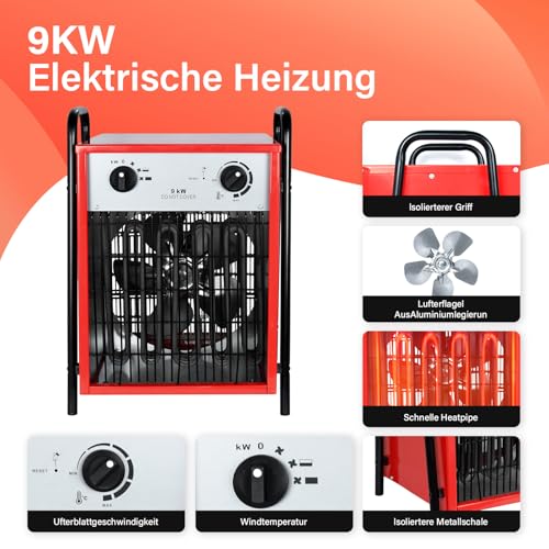 Heizlüfter Elektroheizung 9kW mit 3 Heizstufen,Bauheizer mit Thermostat Überlastschutz,Elektro Heizlufter mit Temperaturregelung Metallgehäuse,Industrie Heizgebläse für Innen und Außeneinsatz – Bild 5