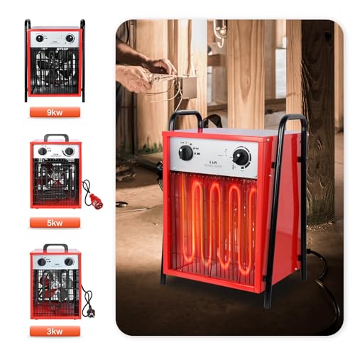 Heizlüfter Elektroheizung 9kW mit 3 Heizstufen,Bauheizer mit Thermostat Überlastschutz,Elektro Heizlufter mit Temperaturregelung Metallgehäuse,Industrie Heizgebläse für Innen und Außeneinsatz – Bild 6