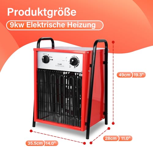Heizlüfter Elektroheizung 9kW mit 3 Heizstufen,Bauheizer mit Thermostat Überlastschutz,Elektro Heizlufter mit Temperaturregelung Metallgehäuse,Industrie Heizgebläse für Innen und Außeneinsatz – Bild 7