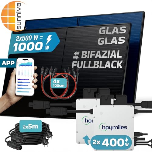 SUNNIVA® 1000W Balkonkraftwerk BIFAZIAL FULLBLACK komplett Steckdose HOYMILES 2x 400 Watt Wechselrichter, PV Solaranlage Komplettset, 2x 500W N-Type Glas-Glas Bifacial Solarmodule, 2x 5m Kabel – Bild 2
