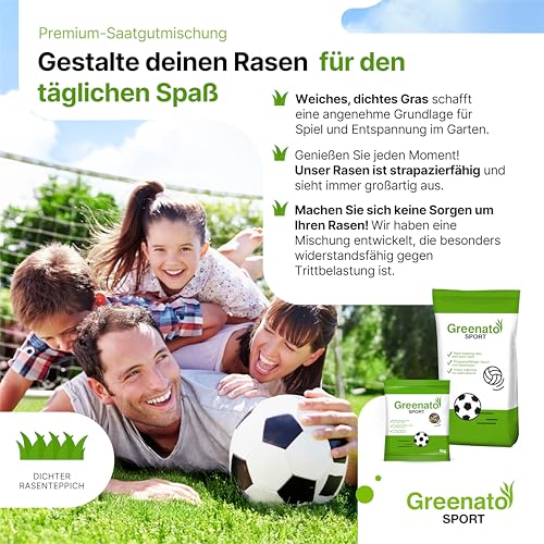 Sport und Spielrasen Greenato Sport Rasensamen 25 kg – Turbo Rasensamen schnellkeimend ideal für Rasenerde Grassamen für Neuansaat und Nachsaat extra robust Unkrautvernichter Rasen - für 1000 m² – Bild 4