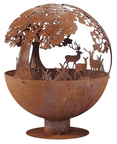 Kobolo Feuerschale Feuerkorb Forest Kugelform rund mit Motiv - Metall Rostoptik 50x50x60cm Durchmesser 50cm