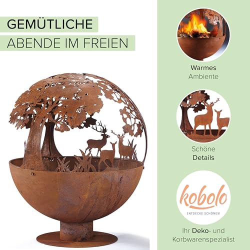 Kobolo Feuerschale Feuerkorb Forest Kugelform rund mit Motiv - Metall Rostoptik 50x50x60cm Durchmesser 50cm – Bild 2