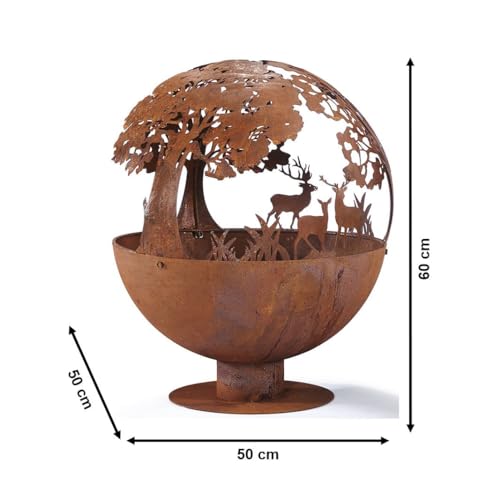 Kobolo Feuerschale Feuerkorb Forest Kugelform rund mit Motiv - Metall Rostoptik 50x50x60cm Durchmesser 50cm – Bild 5