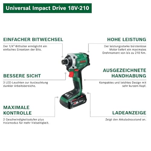 Bosch 18V System Akku-Drehschlagschrauber UniversalImpactDrive 18V-210 (Kraftvoller, kompakter Schlagschrauber für die Holzbearbeitung; inkl. Akku PBA 18V 2.0Ah W-Bm, Ladegerät AL18V-20, Tragekoffer) – Bild 3