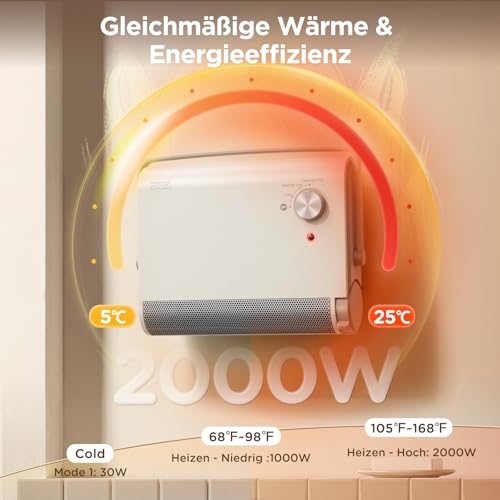 Elektrischer Heizlüfter für Badezimmer, 2000W trocknet Wäsche Leiser Wandheizlüfter, Energieeffizienter Tragbarer Keramiklüfter, Thermostat mit 3 Betriebsmodi, Überhitzungs- und Kippschutz – Bild 2