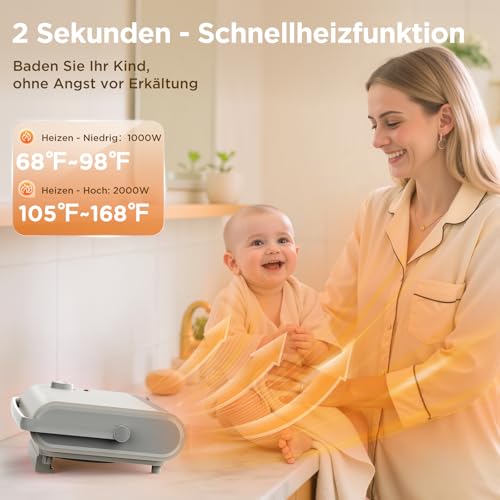 Elektrischer Heizlüfter für Badezimmer, 2000W trocknet Wäsche Leiser Wandheizlüfter, Energieeffizienter Tragbarer Keramiklüfter, Thermostat mit 3 Betriebsmodi, Überhitzungs- und Kippschutz – Bild 3