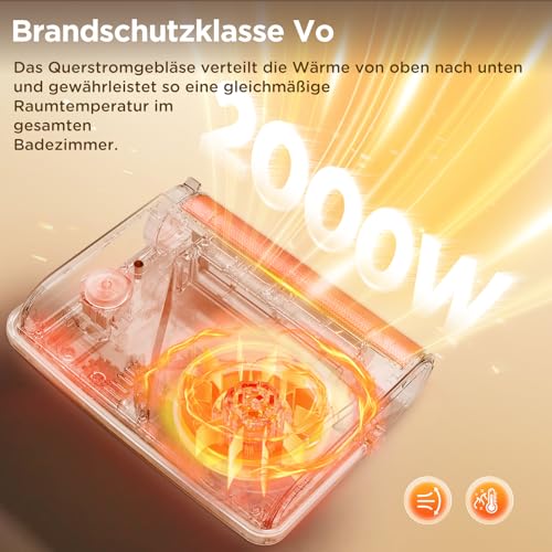 Elektrischer Heizlüfter für Badezimmer, 2000W trocknet Wäsche Leiser Wandheizlüfter, Energieeffizienter Tragbarer Keramiklüfter, Thermostat mit 3 Betriebsmodi, Überhitzungs- und Kippschutz – Bild 4