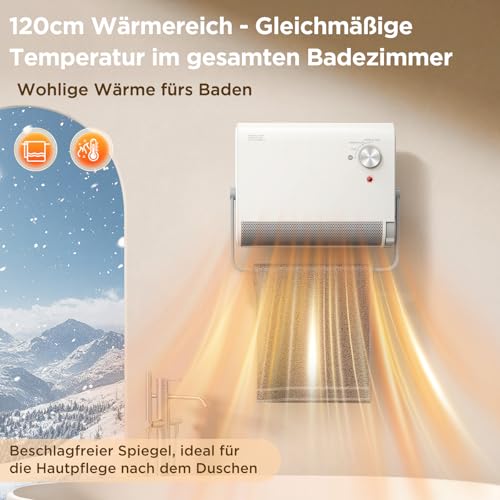 Elektrischer Heizlüfter für Badezimmer, 2000W trocknet Wäsche Leiser Wandheizlüfter, Energieeffizienter Tragbarer Keramiklüfter, Thermostat mit 3 Betriebsmodi, Überhitzungs- und Kippschutz – Bild 5