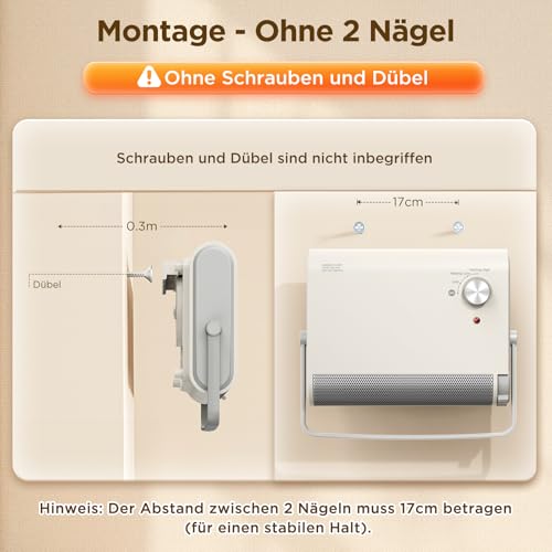 Elektrischer Heizlüfter für Badezimmer, 2000W trocknet Wäsche Leiser Wandheizlüfter, Energieeffizienter Tragbarer Keramiklüfter, Thermostat mit 3 Betriebsmodi, Überhitzungs- und Kippschutz – Bild 7