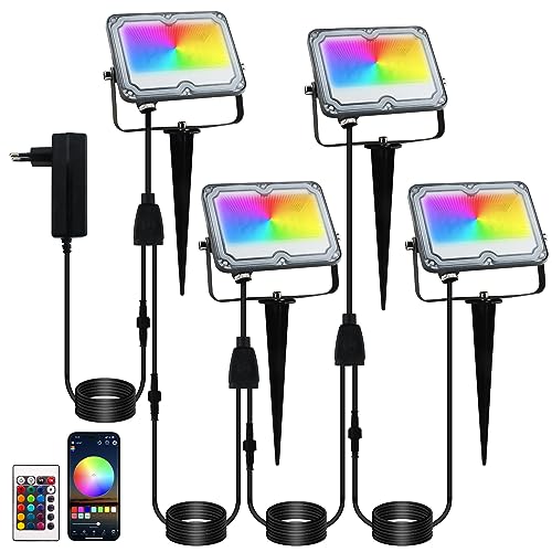 BOSITE RGB LED Strahler 10W, 4 Stück Rgb flutlicht, RGB Außen Strahler IP66 Wasserdichter,rgb LED Gartenbeleuchtung für Hof Garten Baum Landschaft Rasen Weg- (24V)