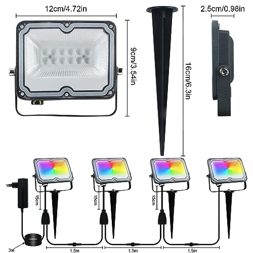 BOSITE RGB LED Strahler 10W, 4 Stück Rgb flutlicht, RGB Außen Strahler IP66 Wasserdichter,rgb LED Gartenbeleuchtung für Hof Garten Baum Landschaft Rasen Weg- (24V) – Bild 2