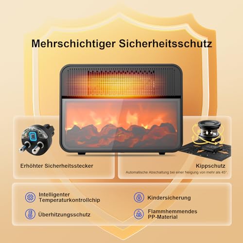 Teendow Keramik Heizlüfter, 1500W PTC Energiesparend mit 3D Flammeneffekt & 3 Stufen - Klein und Leise (unter 45dB) mit Überhitzungsschutz, Kippschutz für Schlafzimmer & Camping – Bild 2