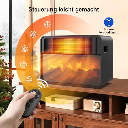Teendow Keramik Heizlüfter, 1500W PTC Energiesparend mit 3D Flammeneffekt & 3 Stufen - Klein und Leise (unter 45dB) mit Überhitzungsschutz, Kippschutz für Schlafzimmer & Camping – Bild 3